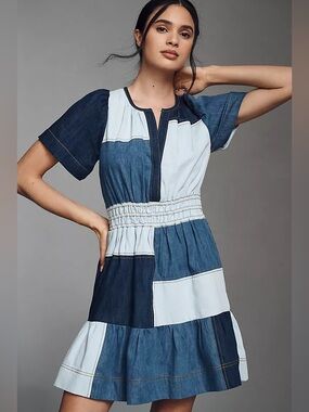 Anthropologie Somerset Denim Patchwork Mini Dress, Blue, Size Small